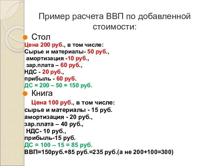 Пример расчета ВВП по добавленной стоимости: Стол Цена 200 руб.,