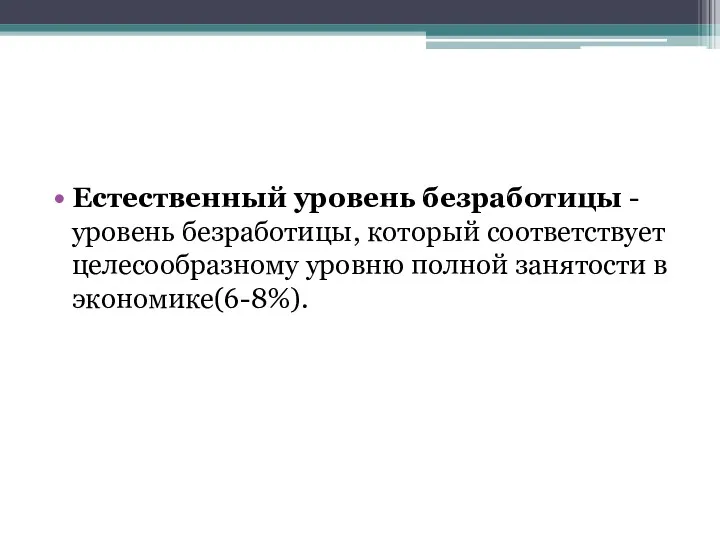 Естественный уровень безработицы - уровень безработицы, который соответствует целесообразному уровню полной занятости в экономике(6-8%).