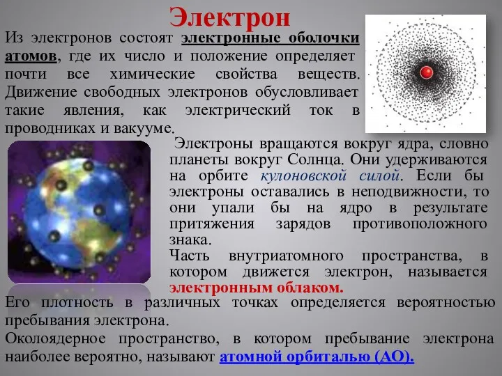 Электрон Электроны вращаются вокруг ядра, словно планеты вокруг Солнца. Они