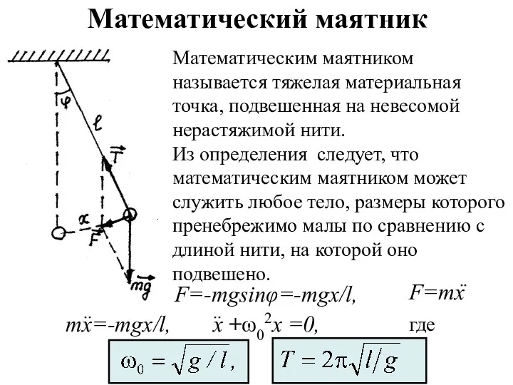 Математический маятник Математическим маятником называется тяжелая материальная точка, подвешенная на
