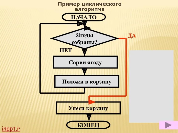 НАЧАЛО Ягоды собраны? Сорви ягоду Положи в корзину Унеси корзину