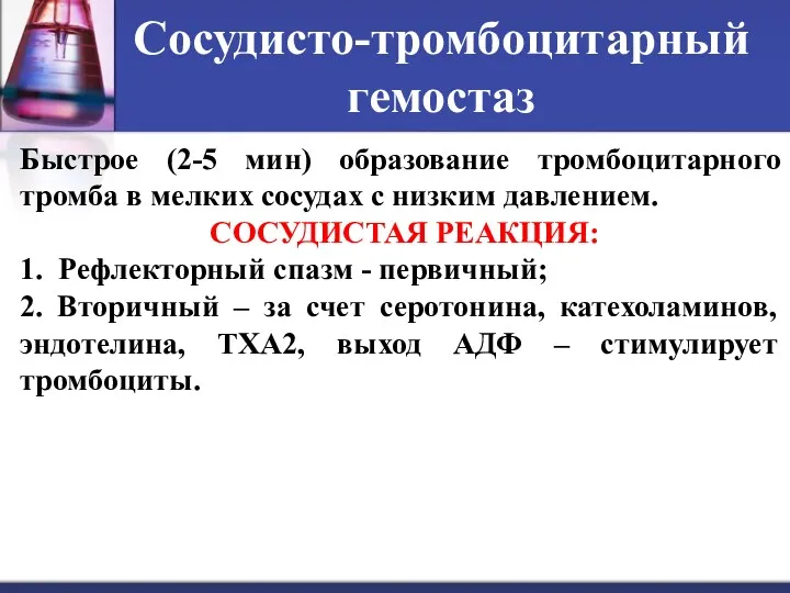 Сосудисто-тромбоцитарный гемостаз Быстрое (2-5 мин) образование тромбоцитарного тромба в мелких