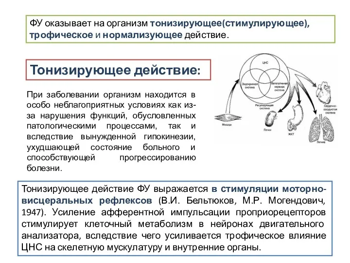 ФУ оказывает на организм тонизирующее(стимулирующее), трофическое и нормализующее действие. Тонизирующее