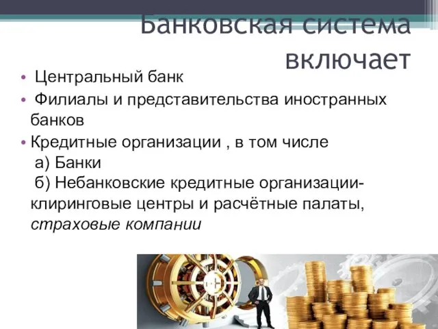 Банковская система включает Центральный банк Филиалы и представительства иностранных банков