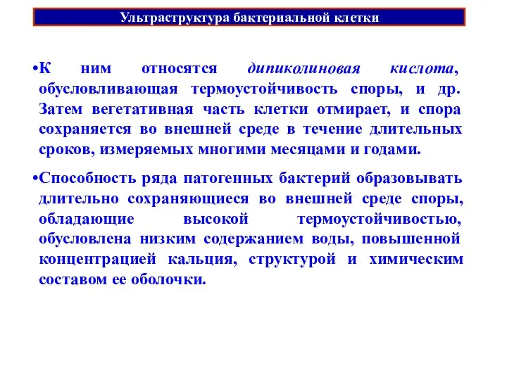 Ультраструктура бактериальной клетки К ним относятся дипиколиновая кислота, обусловливающая термоустойчивость