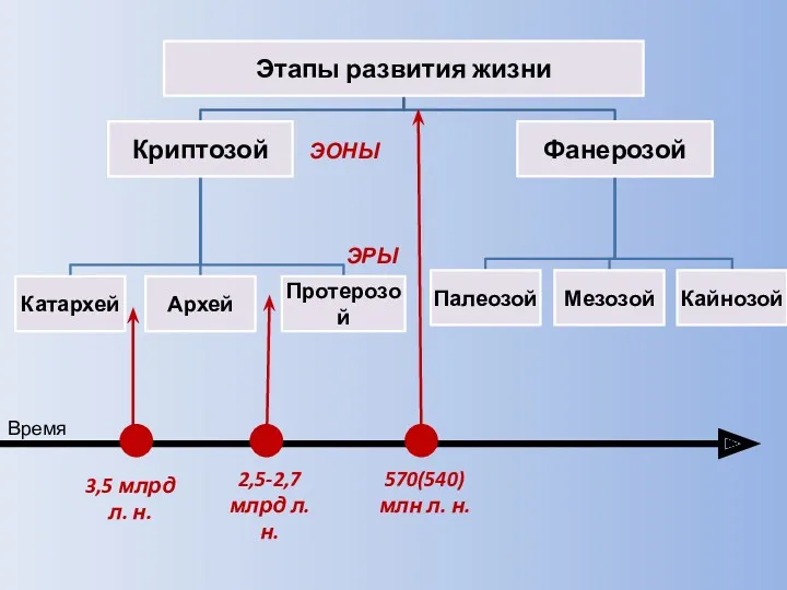 Время ЭОНЫ ЭРЫ 3,5 млрд л. н. 570(540) млн л. н. 2,5-2,7 млрд л. н.