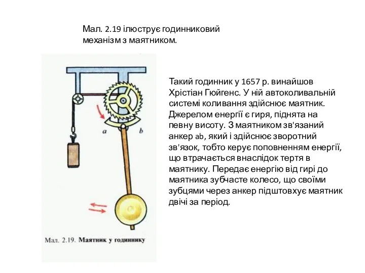 Мал. 2.19 ілюструє годинниковий механізм з маятником. Такий годинник у