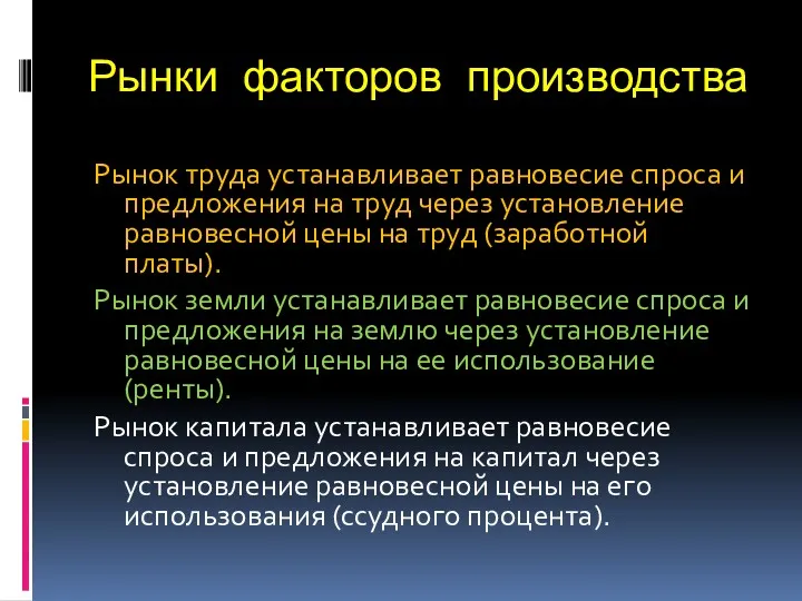 Рынки факторов производства Рынок труда устанавливает равновесие спроса и предложения