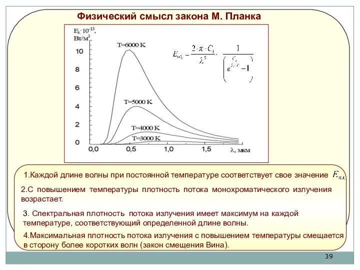 Физический смысл закона М. Планка . 1.Каждой длине волны при постоянной температуре соответствует