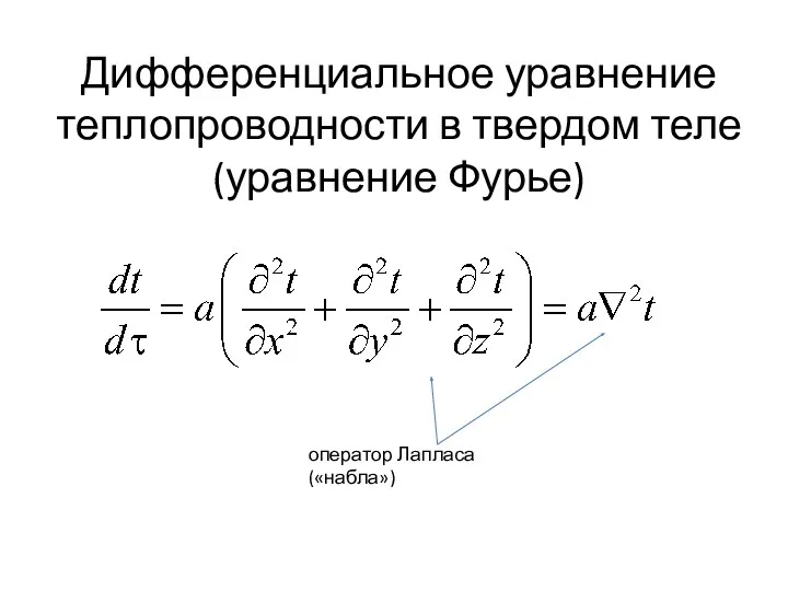 Дифференциальное уравнение теплопроводности в твердом теле (уравнение Фурье) оператор Лапласа («набла»)