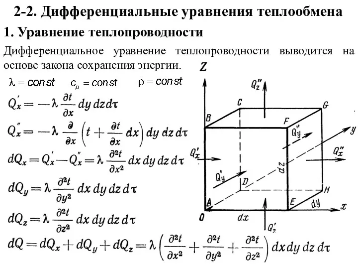 2-2. Дифференциальные уравнения теплообмена 1. Уравнение теплопроводности Дифференциальное уравнение теплопроводности выводится на основе закона сохранения энергии.