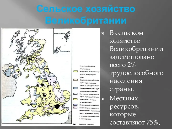 Сельское хозяйство Великобритании В сельском хозяйстве Великобритании задействовано всего 2%