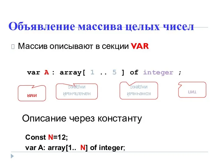 Объявление массива целых чисел Массив описывают в секции VAR Const