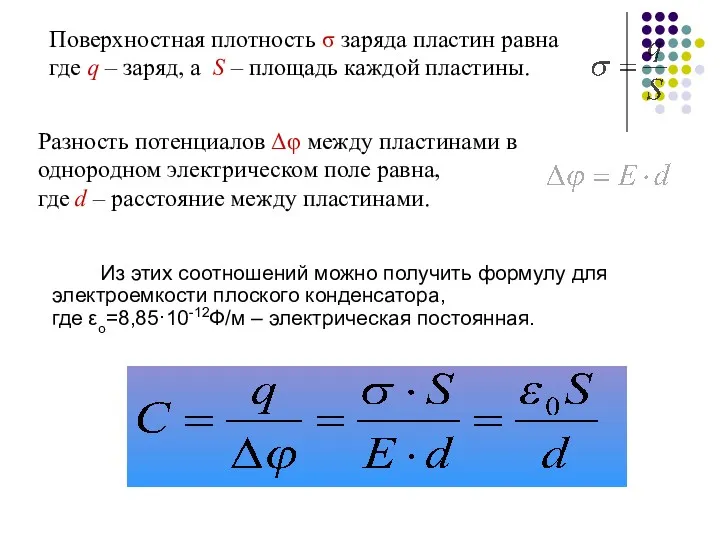 Из этих соотношений можно получить формулу для электроемкости плоского конденсатора,