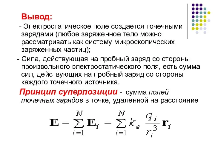 Вывод: - Электростатическое поле создается точечными зарядами (любое заряженное тело