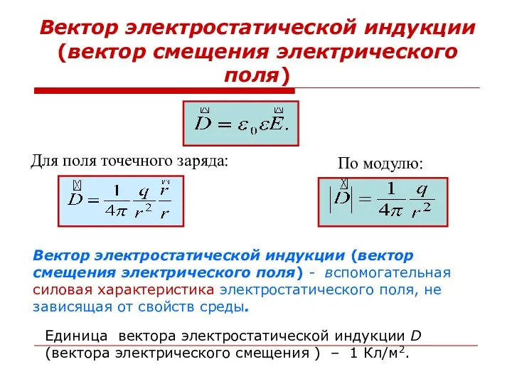 Вектор электростатической индукции (вектор смещения электрического поля) Для поля точечного