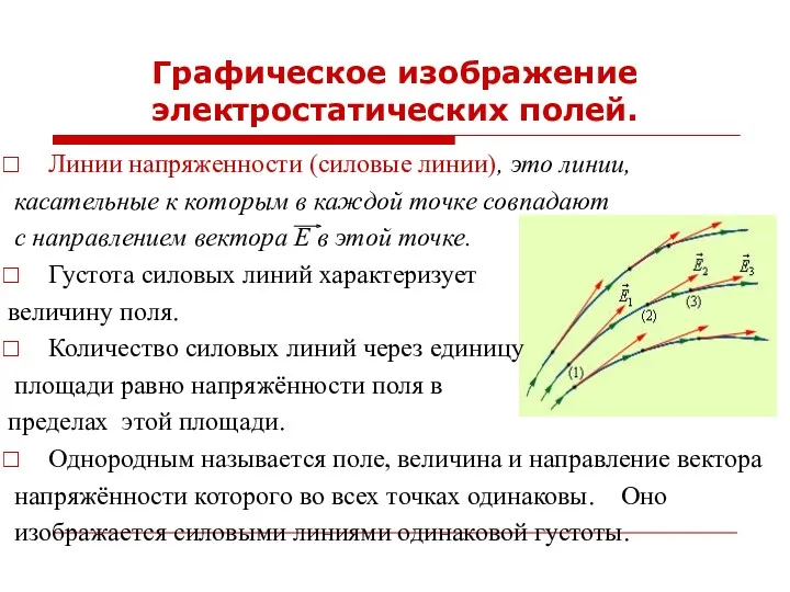 Графическое изображение электростатических полей. Линии напряженности (силовые линии), это линии,