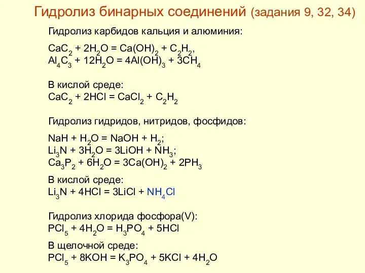 Гидролиз бинарных соединений (задания 9, 32, 34) Гидролиз карбидов кальция