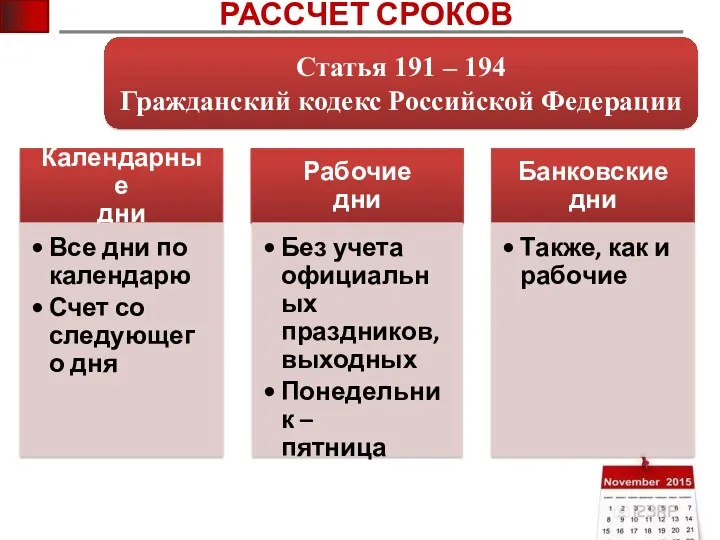 РАССЧЕТ СРОКОВ Статья 191 – 194 Гражданский кодекс Российской Федерации