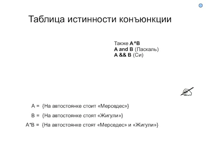 Таблица истинности конъюнкции А = {На автостоянке стоит «Мерседес»} B