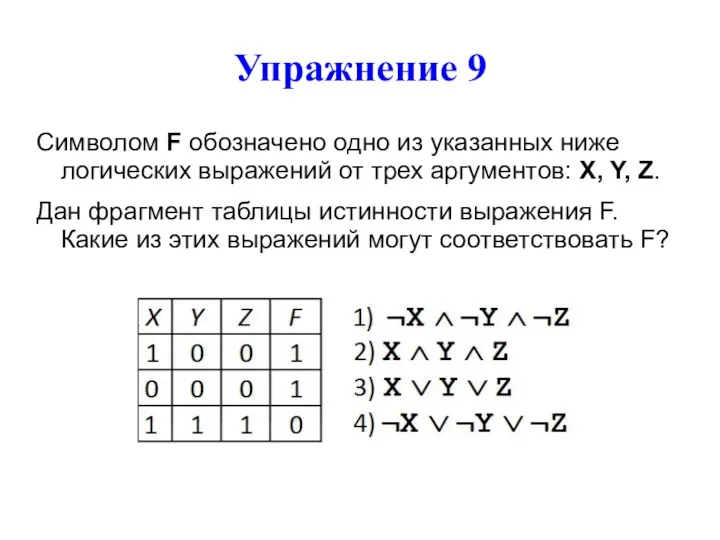 Упражнение 9 Символом F обозначено одно из указанных ниже логических