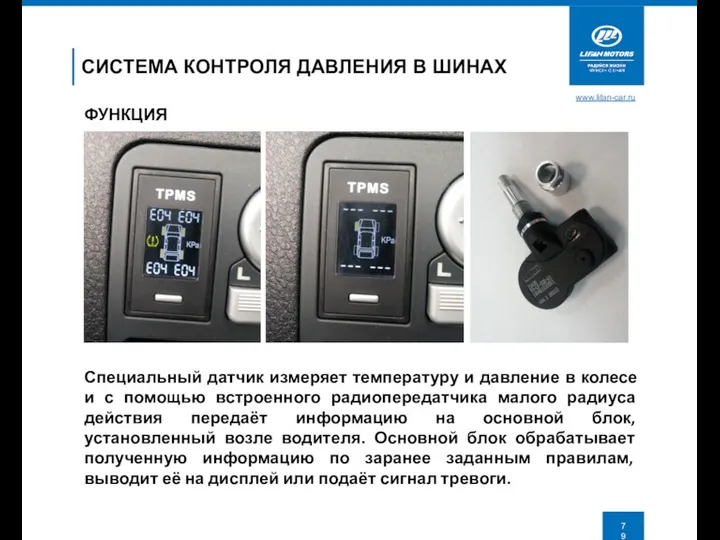 www.lifan-car.ru ФУНКЦИЯ СИСТЕМА КОНТРОЛЯ ДАВЛЕНИЯ В ШИНАХ Специальный датчик измеряет температуру и давление