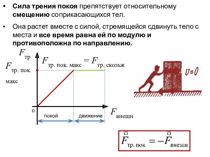 Fтр Fвнешн покой движение Fтр. пок. макс Fтр. пок. макс = Fтр. скольж