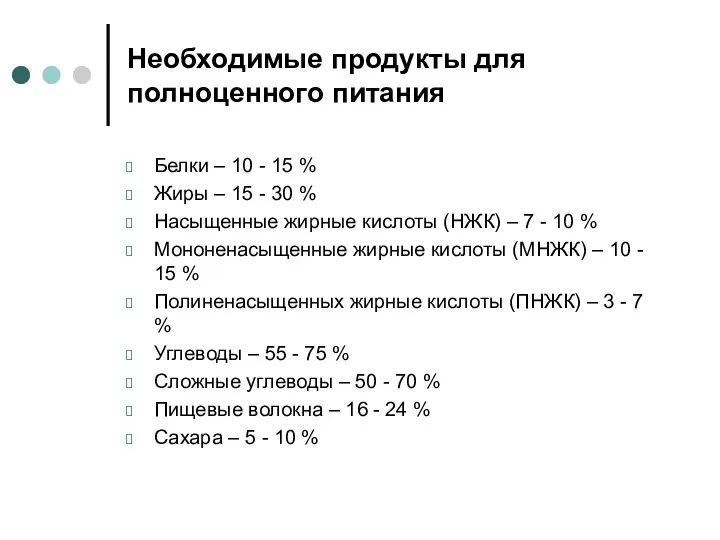 Необходимые продукты для полноценного питания Белки – 10 - 15