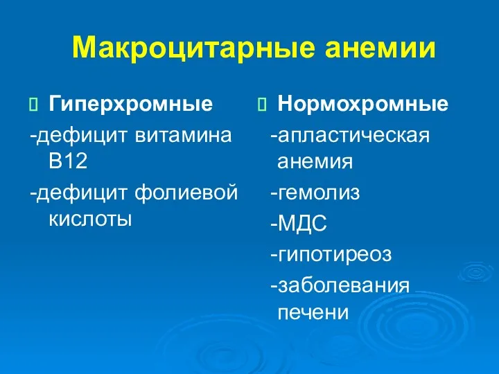 Макроцитарные анемии Гиперхромные -дефицит витамина В12 -дефицит фолиевой кислоты Нормохромные