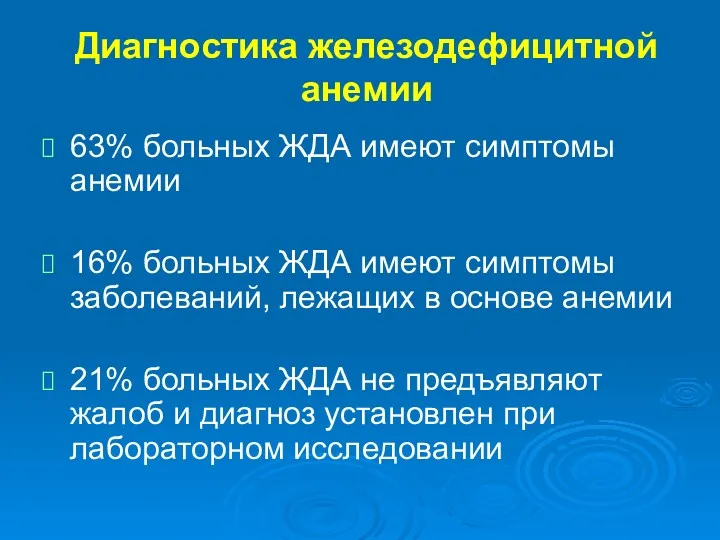 Диагностика железодефицитной анемии 63% больных ЖДА имеют симптомы анемии 16%