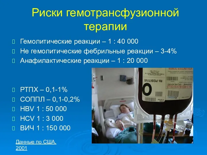Риски гемотрансфузионной терапии Гемолитические реакции – 1 : 40 000