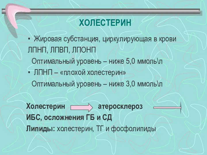 ХОЛЕСТЕРИН Жировая субстанция, циркулирующая в крови ЛПНП, ЛПВП, ЛПОНП Оптимальный