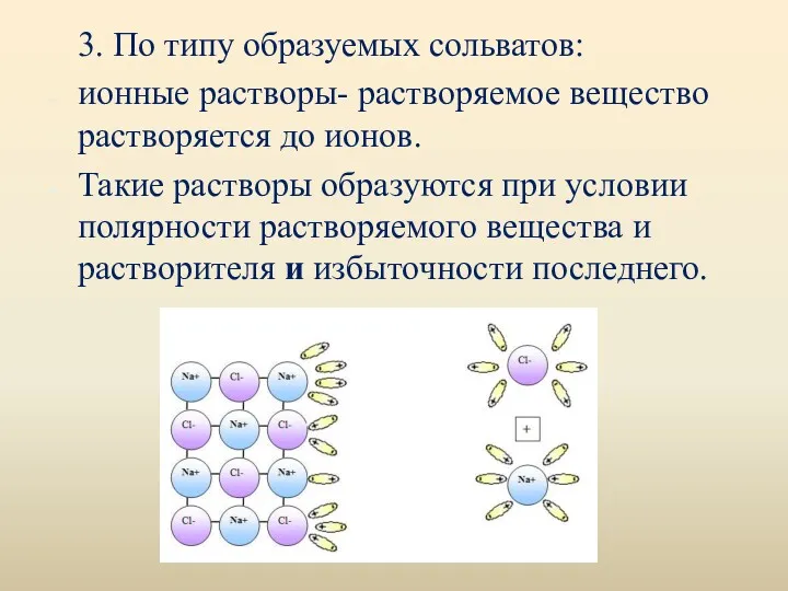 3. По типу образуемых сольватов: ионные растворы- растворяемое вещество растворяется