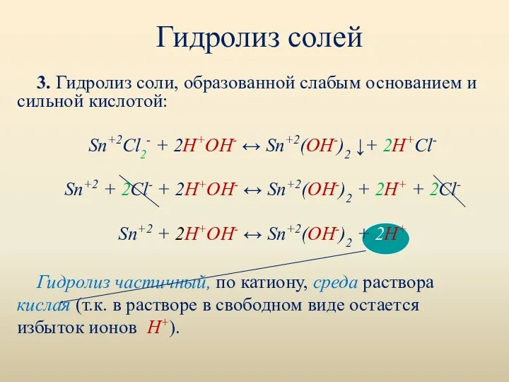 Гидролиз солей 3. Гидролиз соли, образованной слабым основанием и сильной