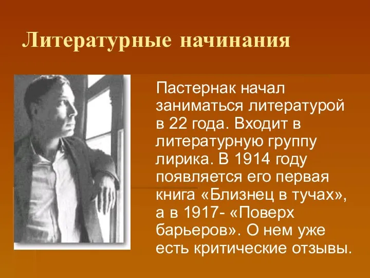 Литературные начинания Пастернак начал заниматься литературой в 22 года. Входит