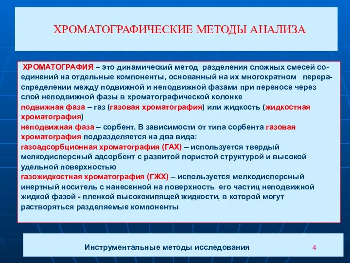 ХРОМАТОГРАФИЧЕСКИЕ МЕТОДЫ АНАЛИЗА ХРОМАТОГРАФИЯ – это динамический метод разделения сложных