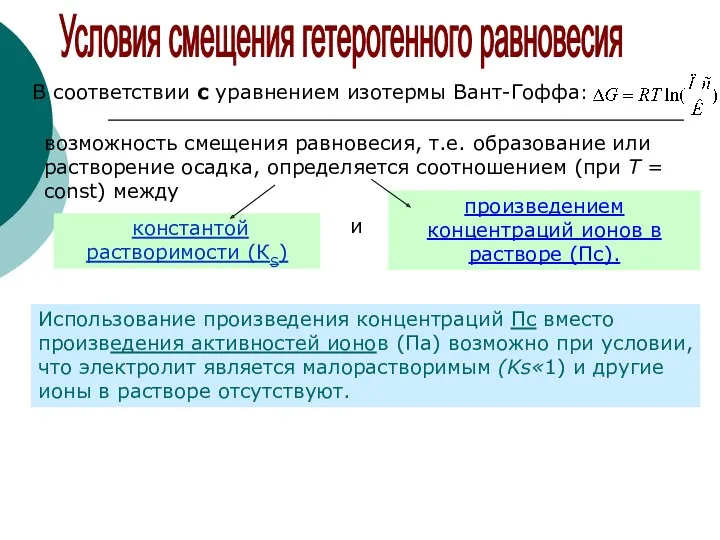 Условия смещения гетерогенного равновесия В соответствии с уравнением изотермы Вант-Гоффа: