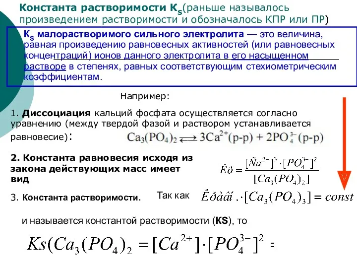 КS малорастворимого сильного электролита — это величина, равная произведению равновесных