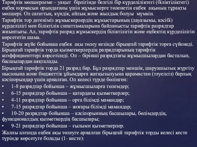 Тарифтік мөлшерлеме – уақыт бірлігінде белгілі бір күрделіліктегі (біліктіліктегі) еңбек