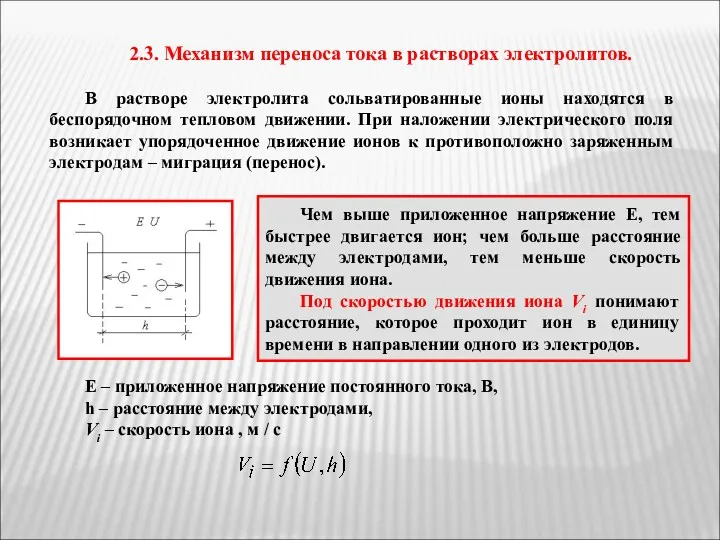 2.3. Механизм переноса тока в растворах электролитов. В растворе электролита