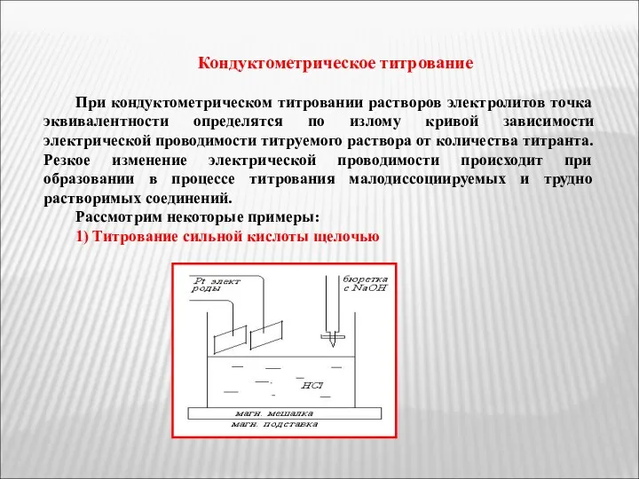 Кондуктометрическое титрование При кондуктометрическом титровании растворов электролитов точка эквивалентности определятся