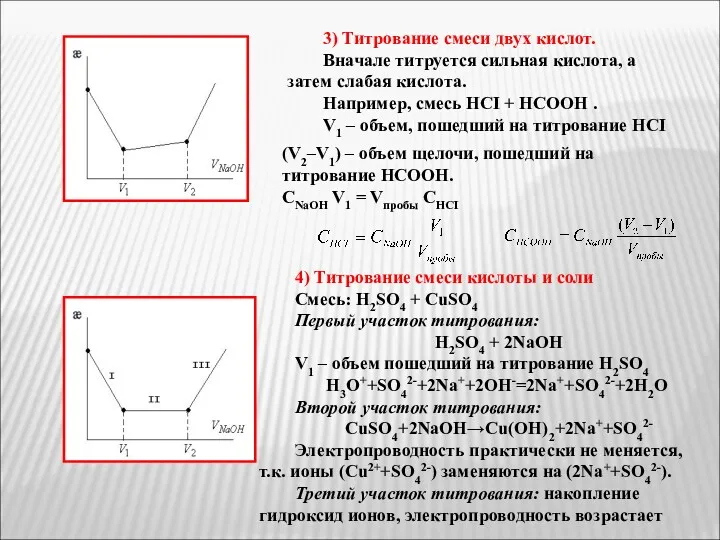 3) Титрование смеси двух кислот. Вначале титруется сильная кислота, а