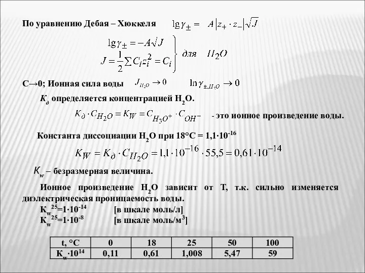 По уравнению Дебая – Хюккеля С→0; Ионная сила воды Кд