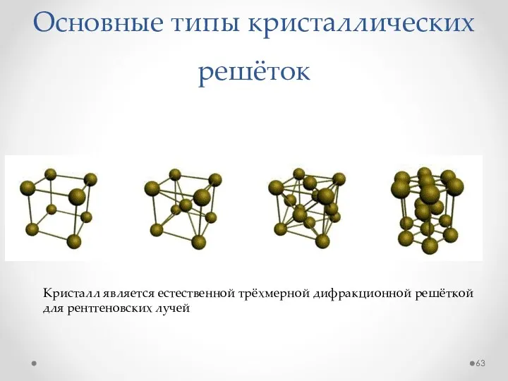 Основные типы кристаллических решёток Кристалл является естественной трёхмерной дифракционной решёткой для рентгеновских лучей