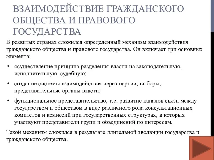 ВЗАИМОДЕЙСТВИЕ ГРАЖДАНСКОГО ОБЩЕСТВА И ПРАВОВОГО ГОСУДАРСТВА В развитых странах сложился