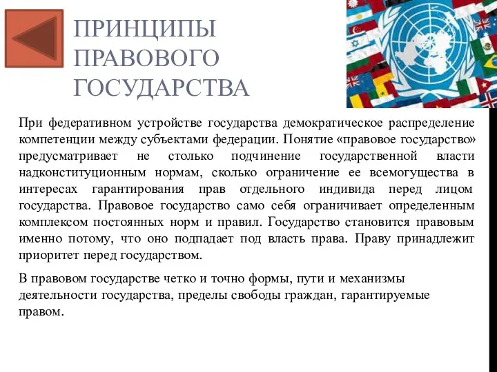 ПРИНЦИПЫ ПРАВОВОГО ГОСУДАРСТВА При федеративном устройстве государства демократическое распределение компетенции