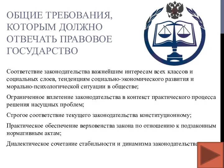 ОБЩИЕ ТРЕБОВАНИЯ, КОТОРЫМ ДОЛЖНО ОТВЕЧАТЬ ПРАВОВОЕ ГОСУДАРСТВО Соответствие законодательства важнейшим