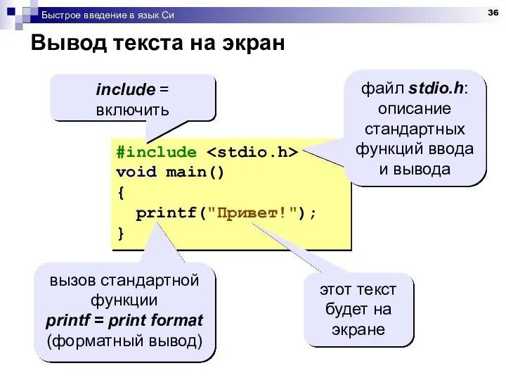 Быстрое введение в язык Си Вывод текста на экран #include