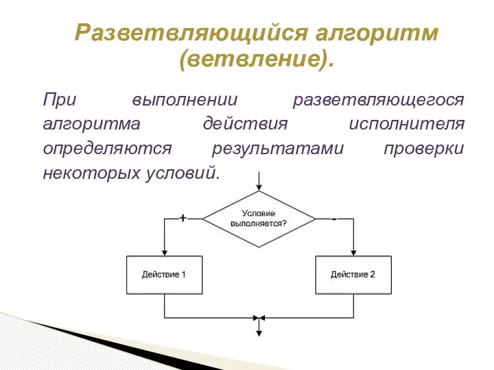 Разветвляющийся алгоритм (ветвление). При выполнении разветвляющегося алгоритма действия исполнителя определяются результатами проверки некоторых условий.