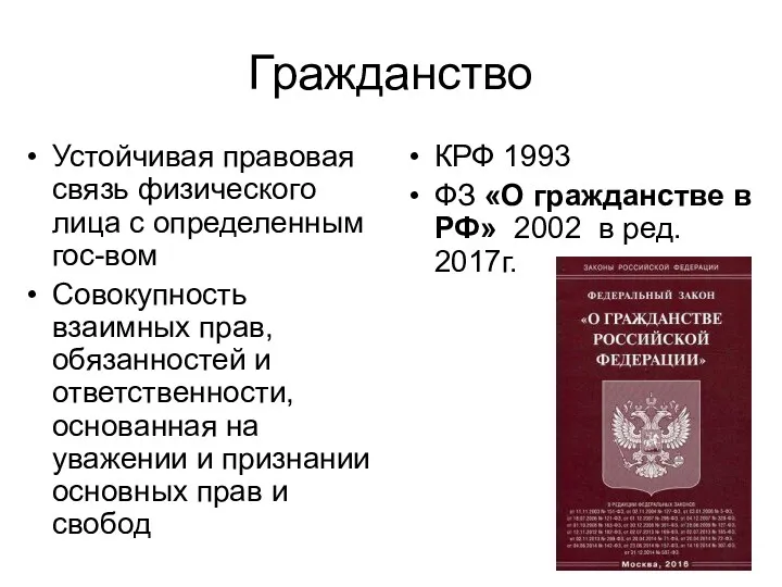 Гражданство Устойчивая правовая связь физического лица с определенным гос-вом Совокупность